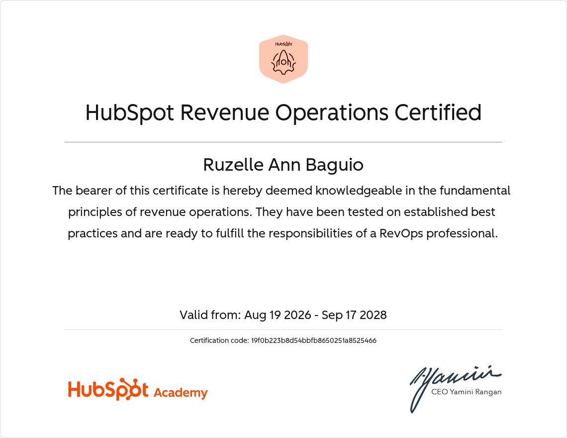 HubSpot Revenue Operations Certified certificate issued to Ruzelle Ann Baguio by HubSpot Academy