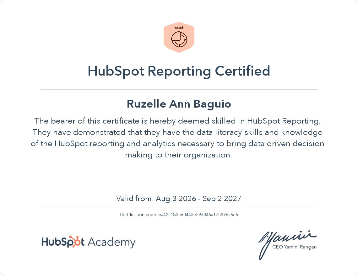 HubSpot Reporting Certified certificate issued to Ruzelle Ann Baguio by HubSpot Academy