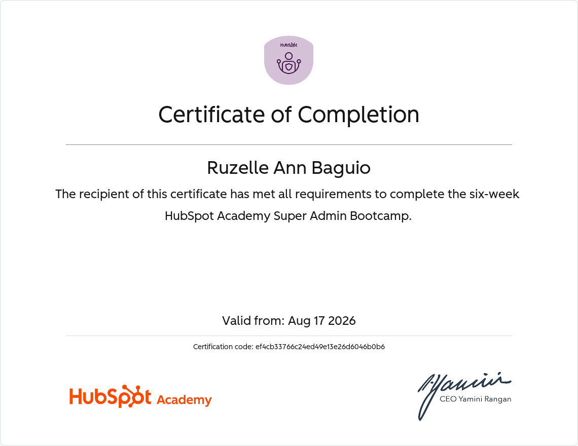 Super Admin Bootcamp certificate issued to Ruzelle Ann Baguio by HubSpot Academy